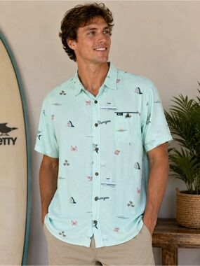Jetty Marine Supply Rayon Button Front Fishing Beach Camp Shirt Mens Medium Mint